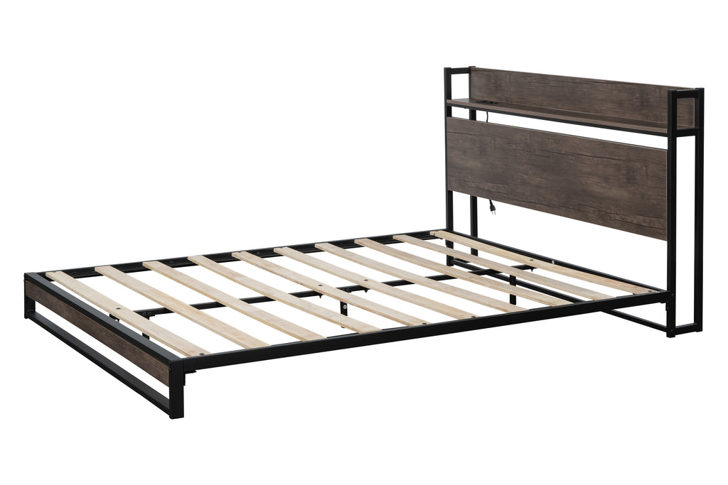 Platform Queen Bed Frame with Socket, Fast Assemble Design