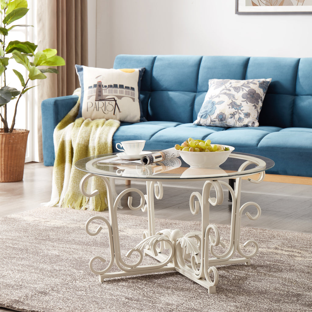 Leoglint Glass Coffee Table with Sturdy Iron Leaf-shape Base, Leisure Cocktail Table with Tempered Glass Top for Living Room, Dining Room (White)