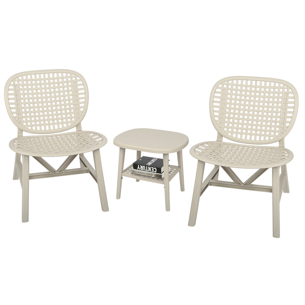 Leoglint 3 Pieces Hollow Design Retro Patio Table Outdoor Chair Set All Weather Conversation Bistro Set Outdoor Table with Open Shelf and Lounge Chairs with Widened Seat for Balcony Garden Yard White