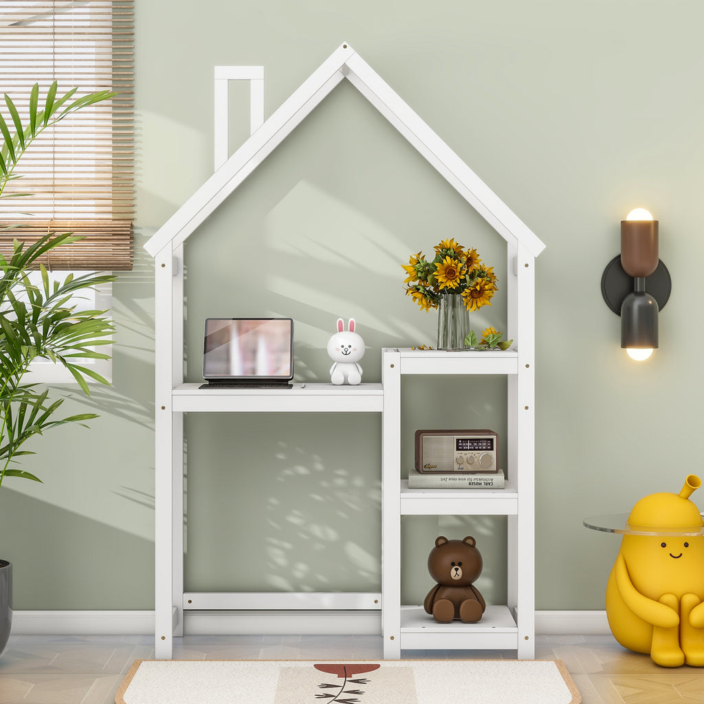 Leoglint House-shaped Wooden writing Desk,Kids study Table,Bookshelf & Toy Storage,White