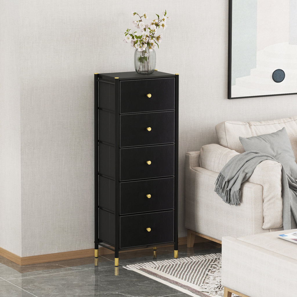 Leoglint Drawer Chest Drawer Dresser cabinet, Tall Dresser with 5 PU Leather Front Drawers, Storage Tower with Fabric Bins, Double Dresser, Chest of Drawers for Closet, Living Room, Hallway, Children's Room, color:Black