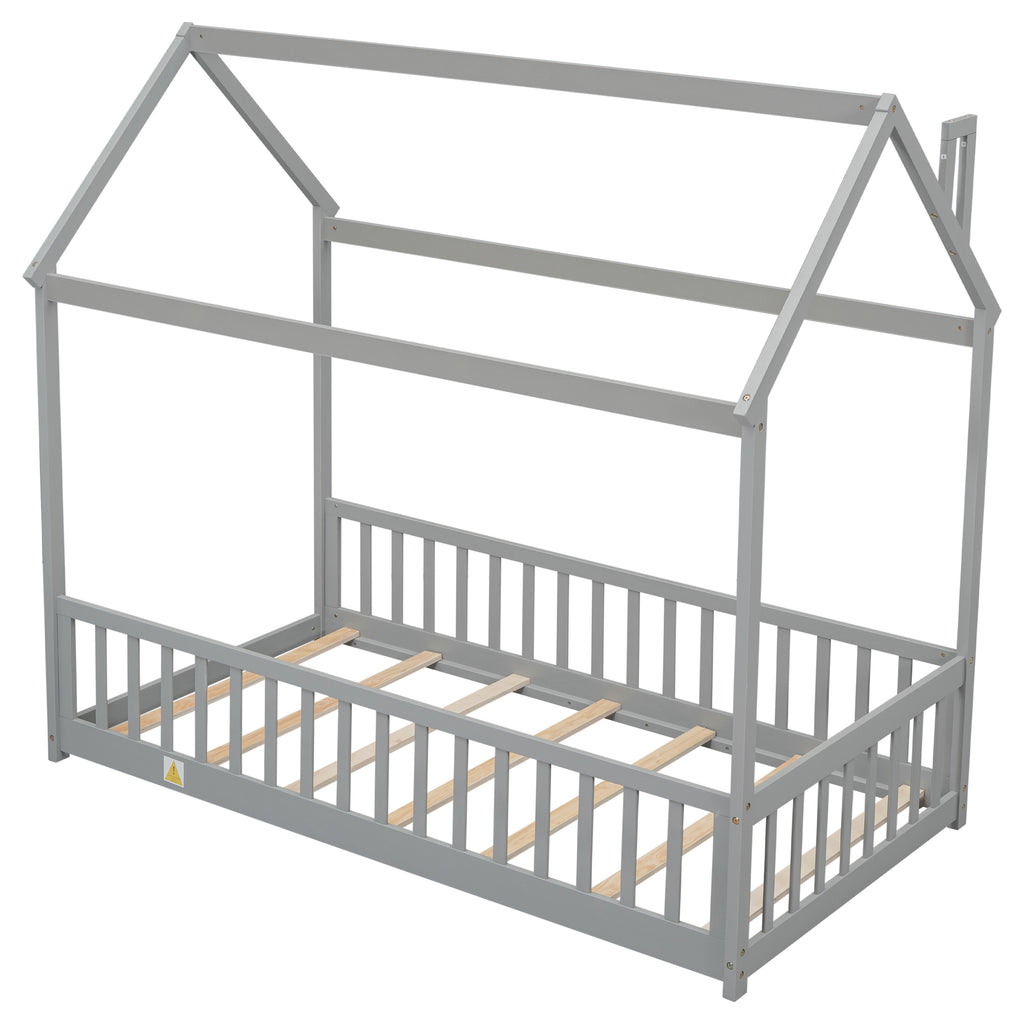 Twin House Bed Frame with Guardrails, Slats ,Grey