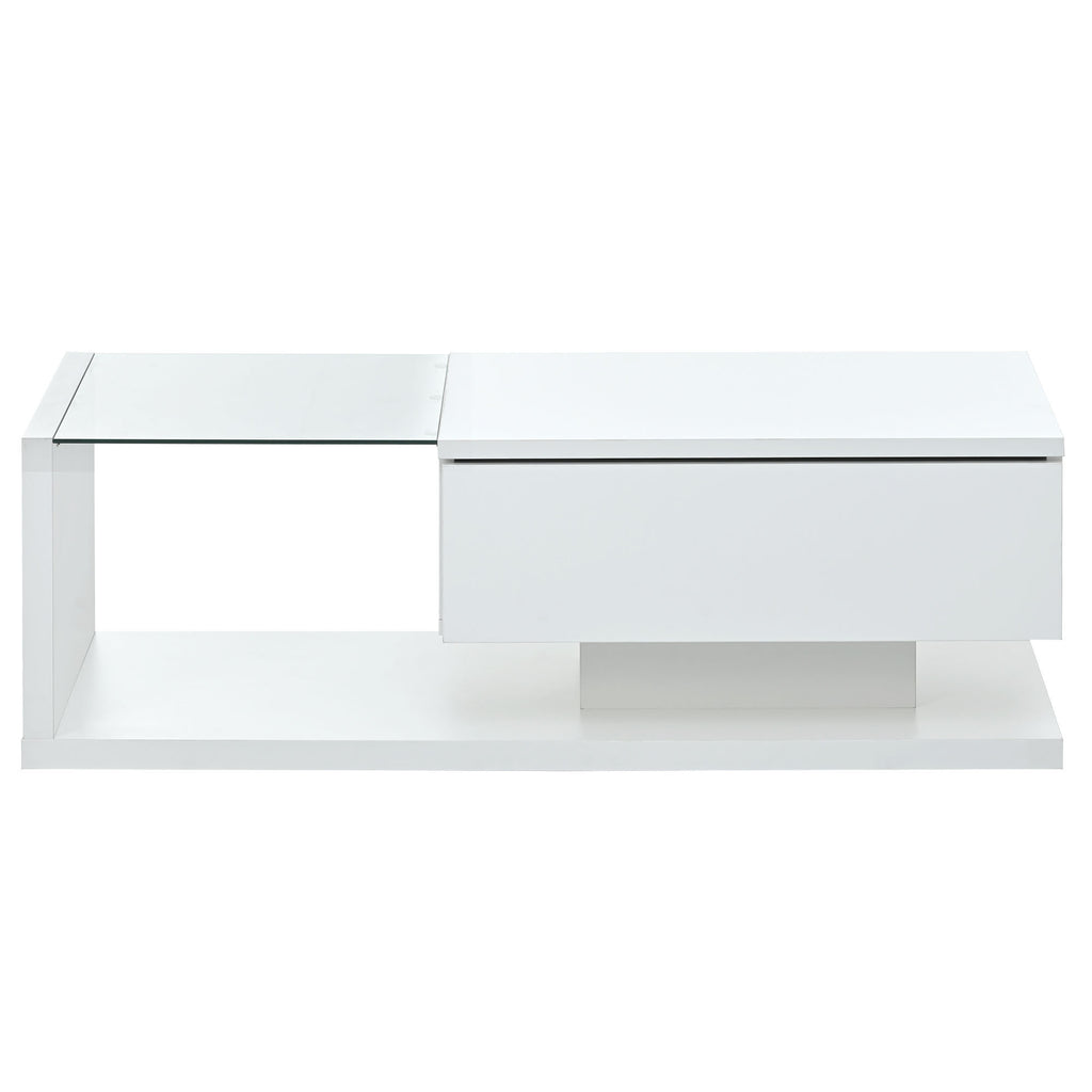 Leoglint [VIDEO provided] ON-TREND Modern Coffee Table with Tempered Glass, Wooden Cocktail Table with High-gloss UV Surface, Modernist 2-Tier Rectangle Center Table for Living Room, White