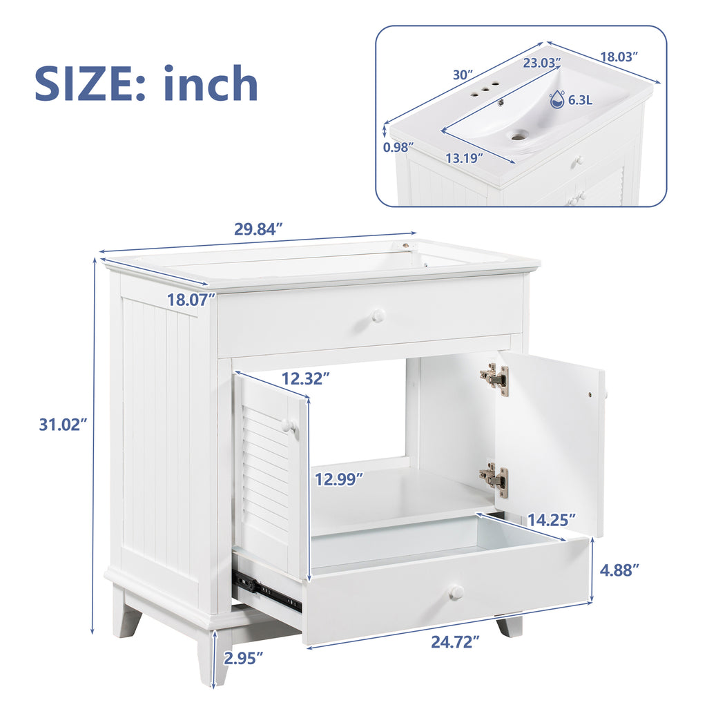 Leoglint 30" Bathroom Vanity Base without Sink, Bathroom Cabinet with Two Doors and One Drawer, White