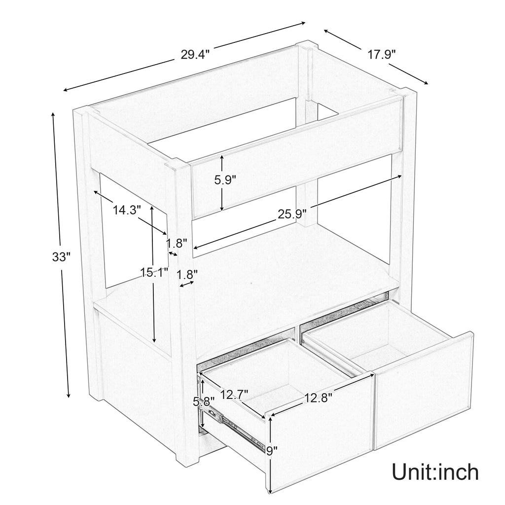 Leoglint 30" Bathroom Vanity without Sink Top, Cabinet Base Only, Open Storage Shelf and Two Drawers, Brown