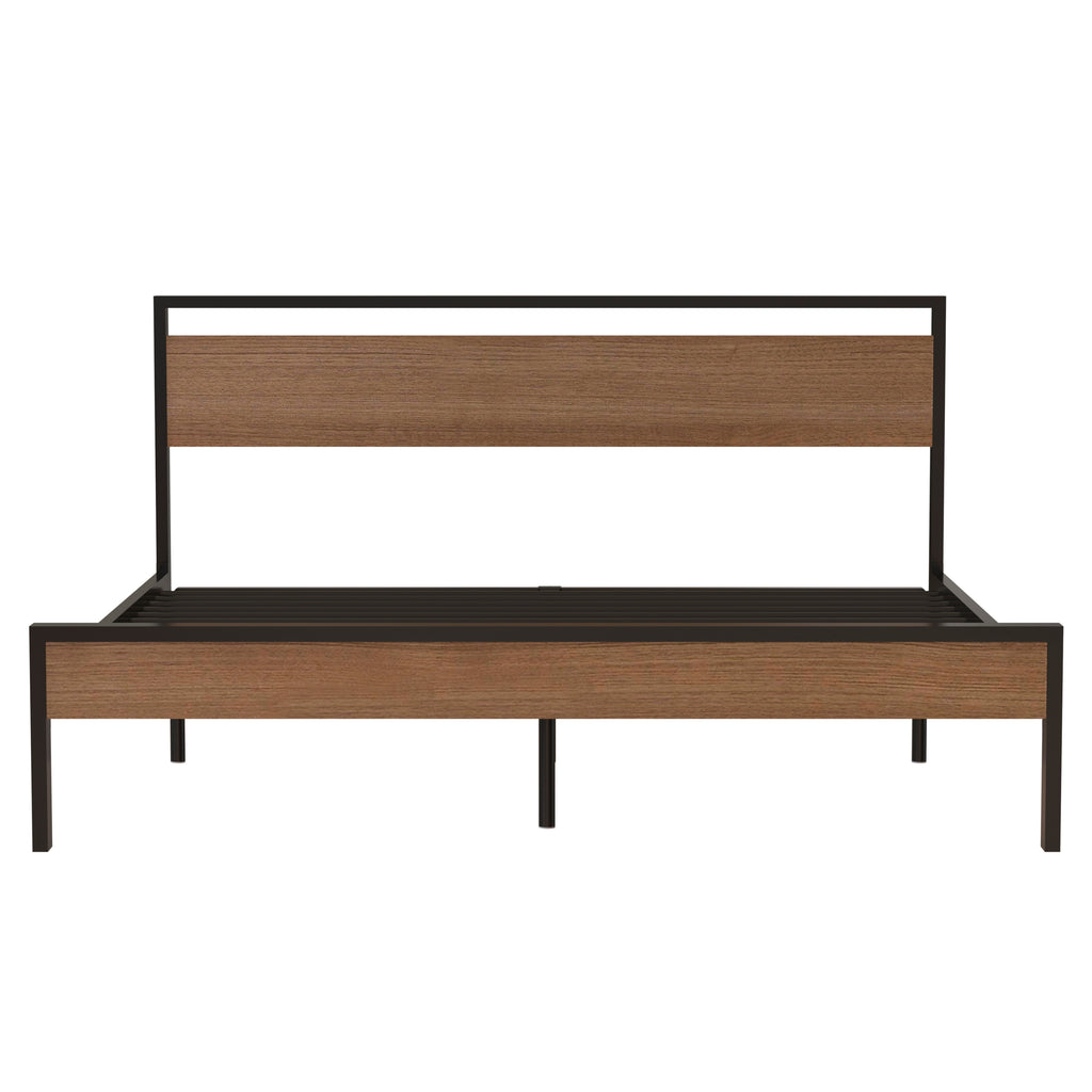 Leoglint Bed Frame Ceres Metal Bed, Black with Cinnamon Wood Headboard&Footboard, King