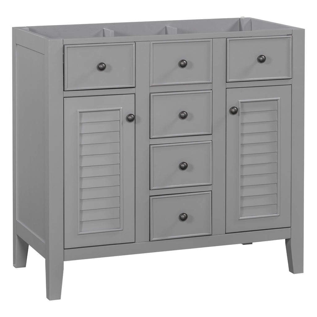 Leoglint 36" Bathroom Vanity without Sink, Cabinet Base Only, Two Cabinets and Five Drawers, Solid Wood Frame, Grey