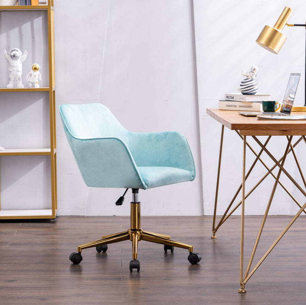 Leoglint Modern Velvet Fabric Material Adjustable Height 360 revolving Home Office Chair with Gold Metal Legs and Universal Wheels for Indoor,Aqua Light Blue