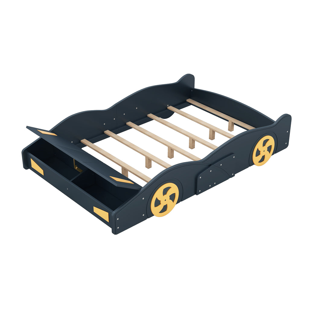 Leoglint Bed Frame Full Size Race Car-Shaped Platform Bed with Wheels and Storage, Dark Blue+Yellow