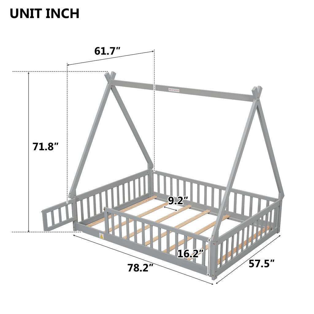 Leoglint Full Tent-shaped Floor Bed Frame, with Guardrails, Slats, Door ,Grey