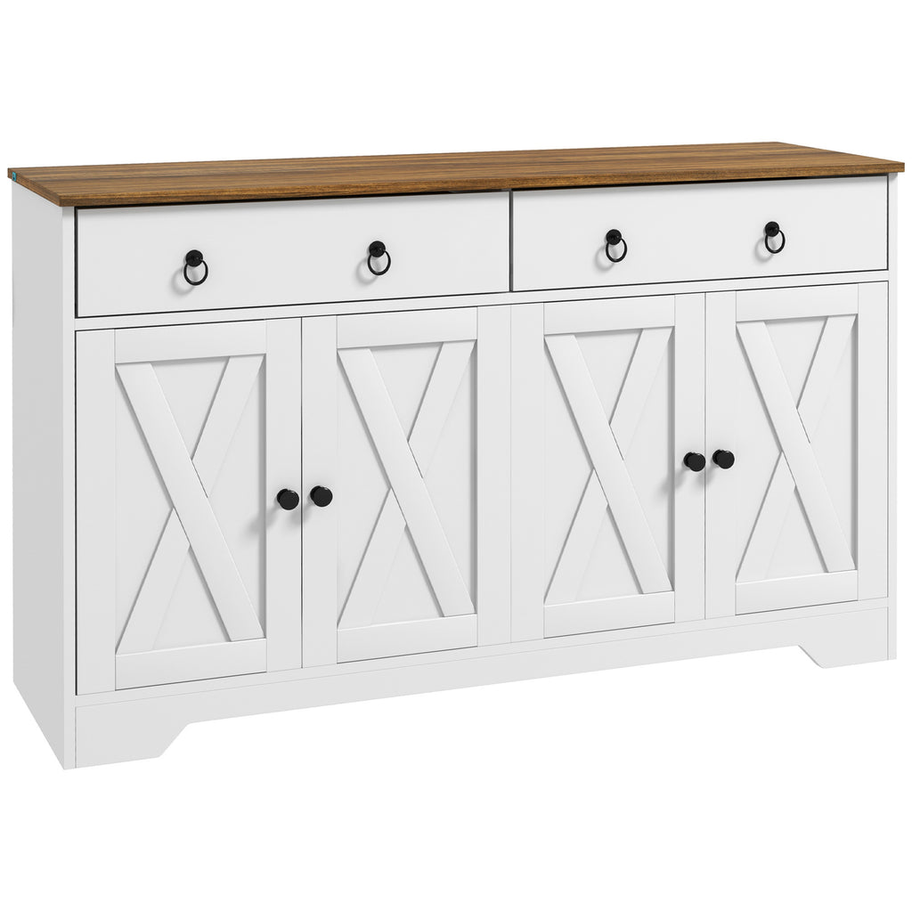 Leoglint Sideboard, Buffet Cabinet with 2 Drawers, 2Storage Cabinets, 4 Barn-Style Doors and Adjustable Shelves, Farmhouse Buffet Table with Storage, Wood Grain Top, White