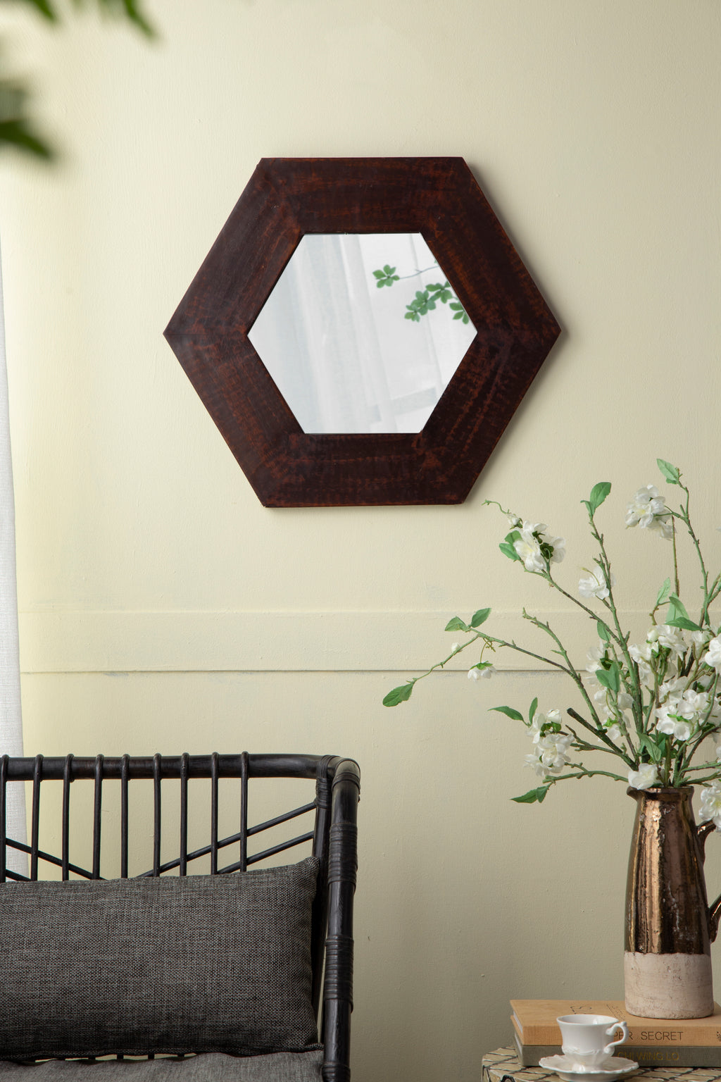 Leoglint 18.5" x 18.5" Hexagon Mirror with Solid Wood Frame, Wall Decor for Living Room Bathroom Hallway, Dark Brown