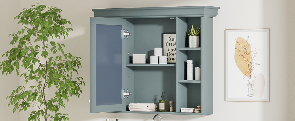 Leoglint 35'' x 28'' Blue Wall Mounted Bathroom Storage Cabinet with Mirror Door, Modern Bathroom Wall Cabinet with Mirror, Medicine Cabinet with 6 Open Shelves