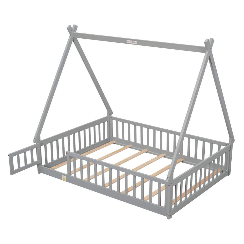 Leoglint Full Tent-shaped Floor Bed Frame, with Guardrails, Slats, Door ,Grey