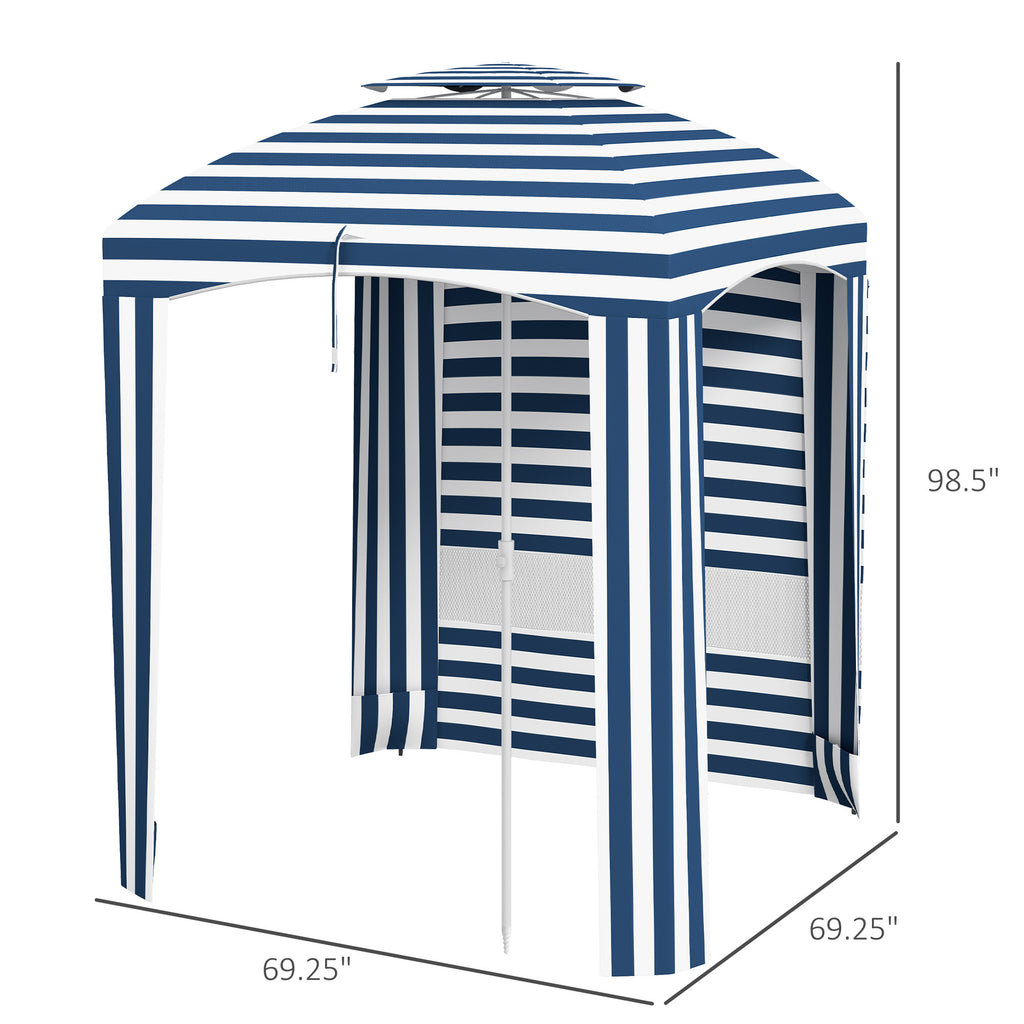 Leoglint 5.8' x 5.8' Portable Beach Outdoor Umbrella with Double-Top, Ruffled Outdoor Cabana with Walls, Vents, Sandbags, Carry Bag, Blue & White Stripe