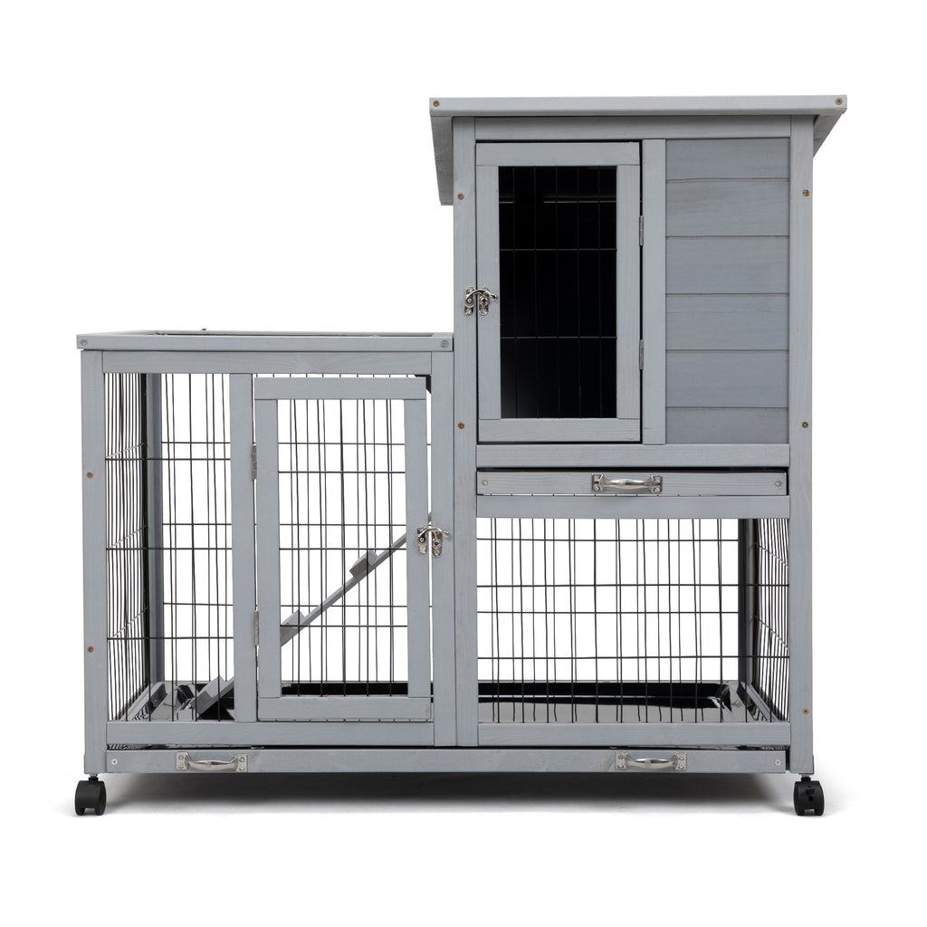 Leoglint Detachable Rabbit Hutch with Removable Tray and Rolling Casters, Gray+White