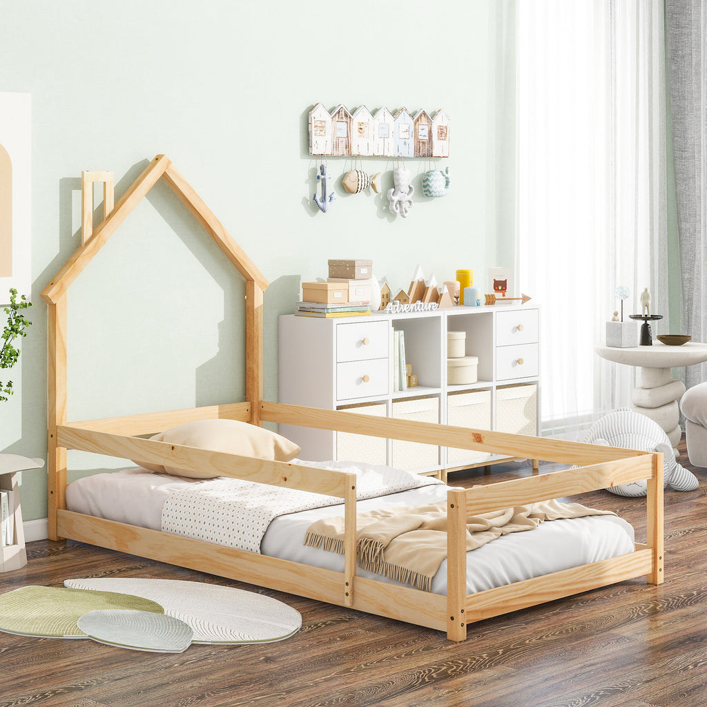 Twin Size Wood bed Frame with House-shaped Headboard Floor bed with Fences,Natural