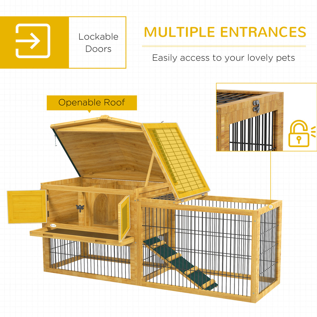 Leoglint 2 Levels Outdoor Rabbit Hutch with Openable Top, 59" Wooden Large Rabbit Cage with Run Weatherproof Roof, Removable Tray, Ramp, Yellow