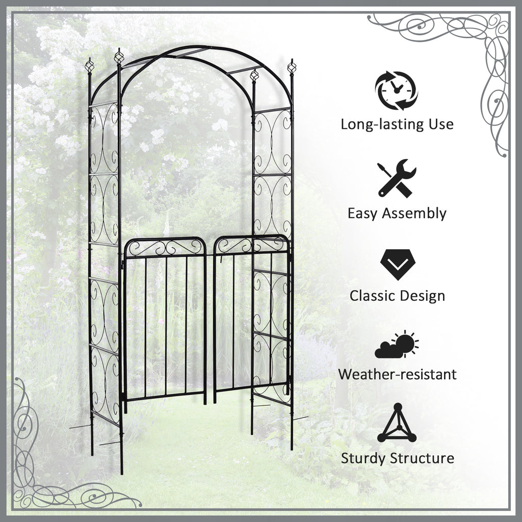 Leoglint 84" Garden Trellis Arch Arbor with Gate, Metal Arch Trellis, Garden Archway for Climbing Vines, Wedding Ceremony Decoration, Flourishes & Arrow Tips, Black