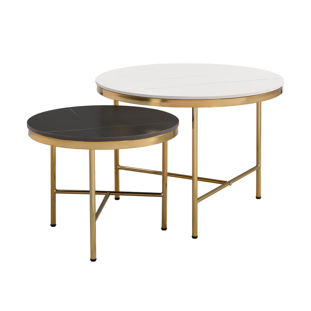 Leoglint Modern Round Nesting Coffee Table Set 2-Piece Black & White Sintered Stone Top Gold Base in 23.6''&17.7''