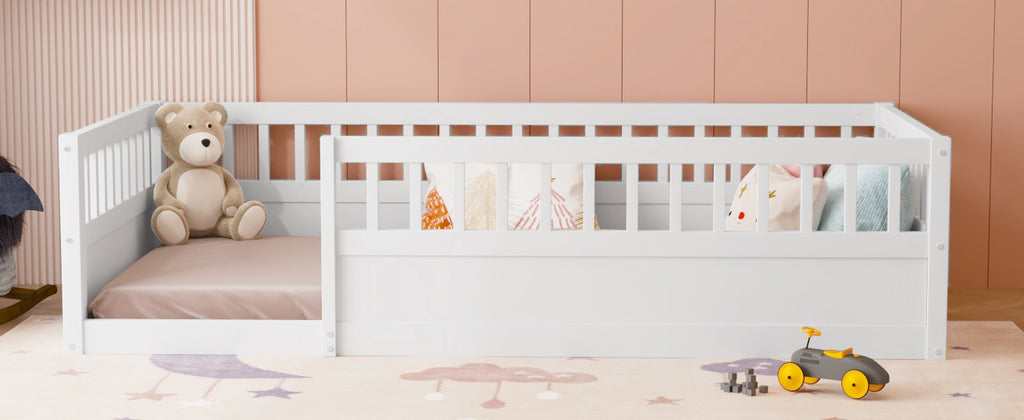 Twin Floor Bed Frame with Fence, Wood Kids Floor Beds Frame for Bedroom Playroom,White(Expect arrive date Jun. 21st)