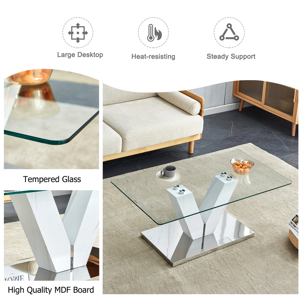 Leoglint Modern minimalist coffee table. Transparent tempered glass tabletop with silver MDF pillars. Suitable for living room and dining room