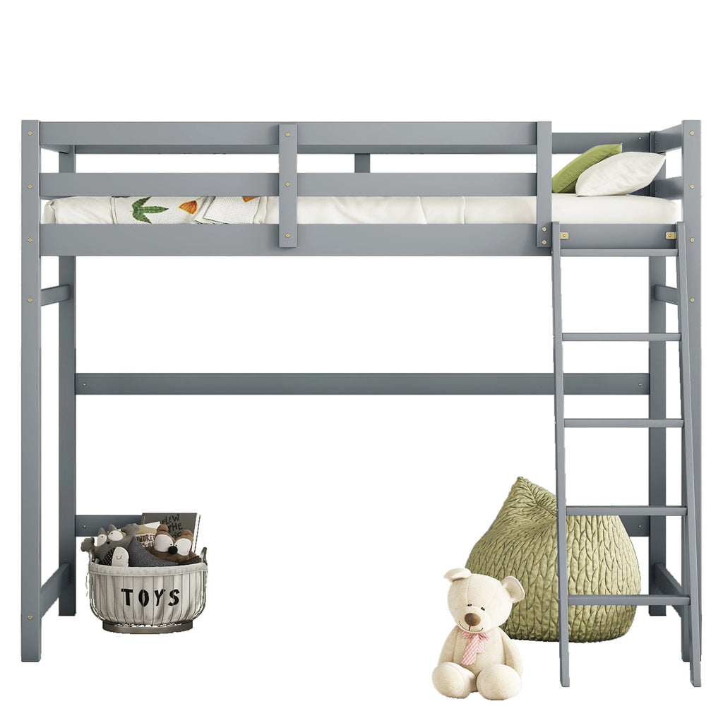 Leoglint Twin Size High Loft Bed Frame with inclined Ladder, Guardrails,Grey