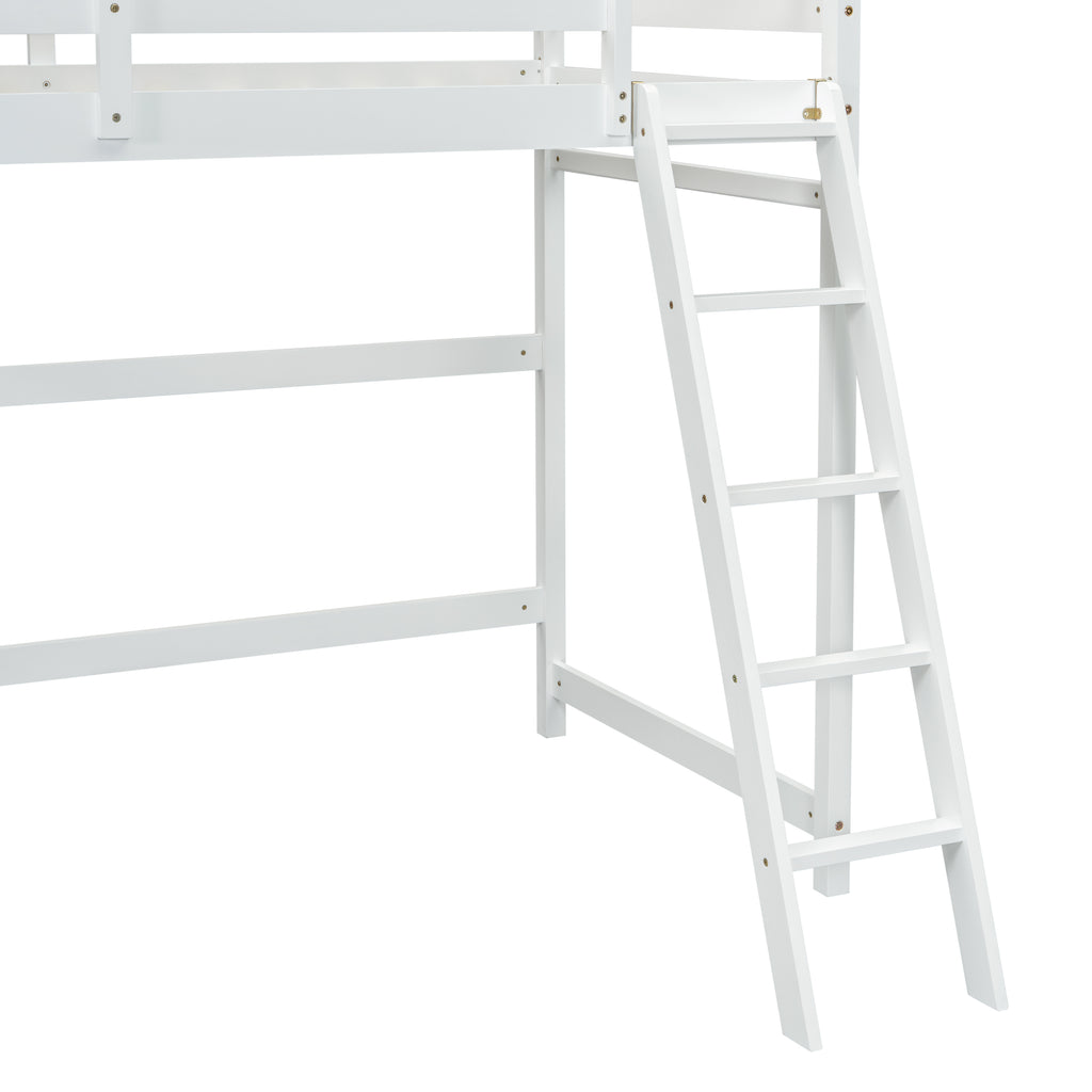 Leoglint Twin Size High Loft Bed Frame with inclined Ladder, Guardrails,White