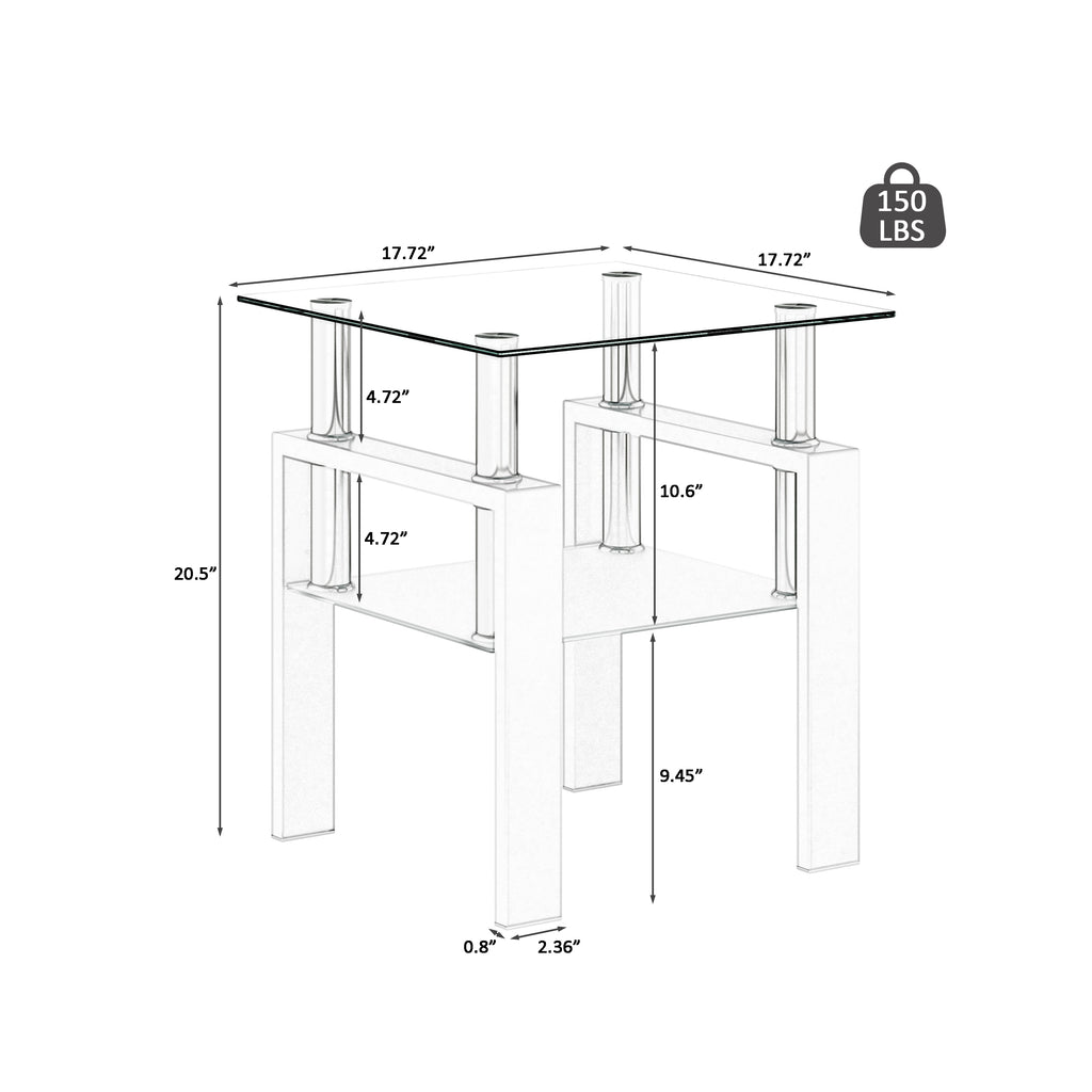 Leoglint Set of 2, Modern Tempered Glass Tea Table Coffee Table End Table, Square Table for Living Room, Transparent/White