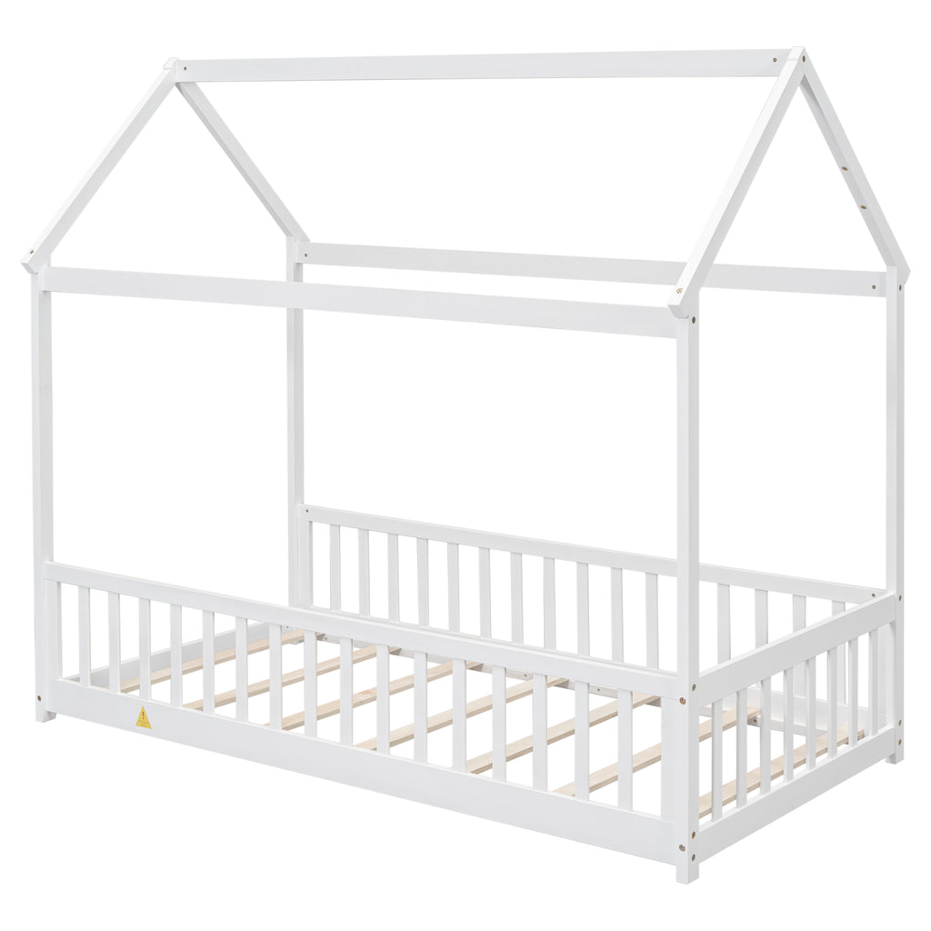 Twin House Bed Frame with Guardrails, Slats ,White