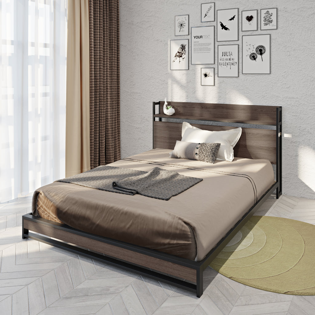 Platform Queen Bed Frame with Socket, Fast Assemble Design