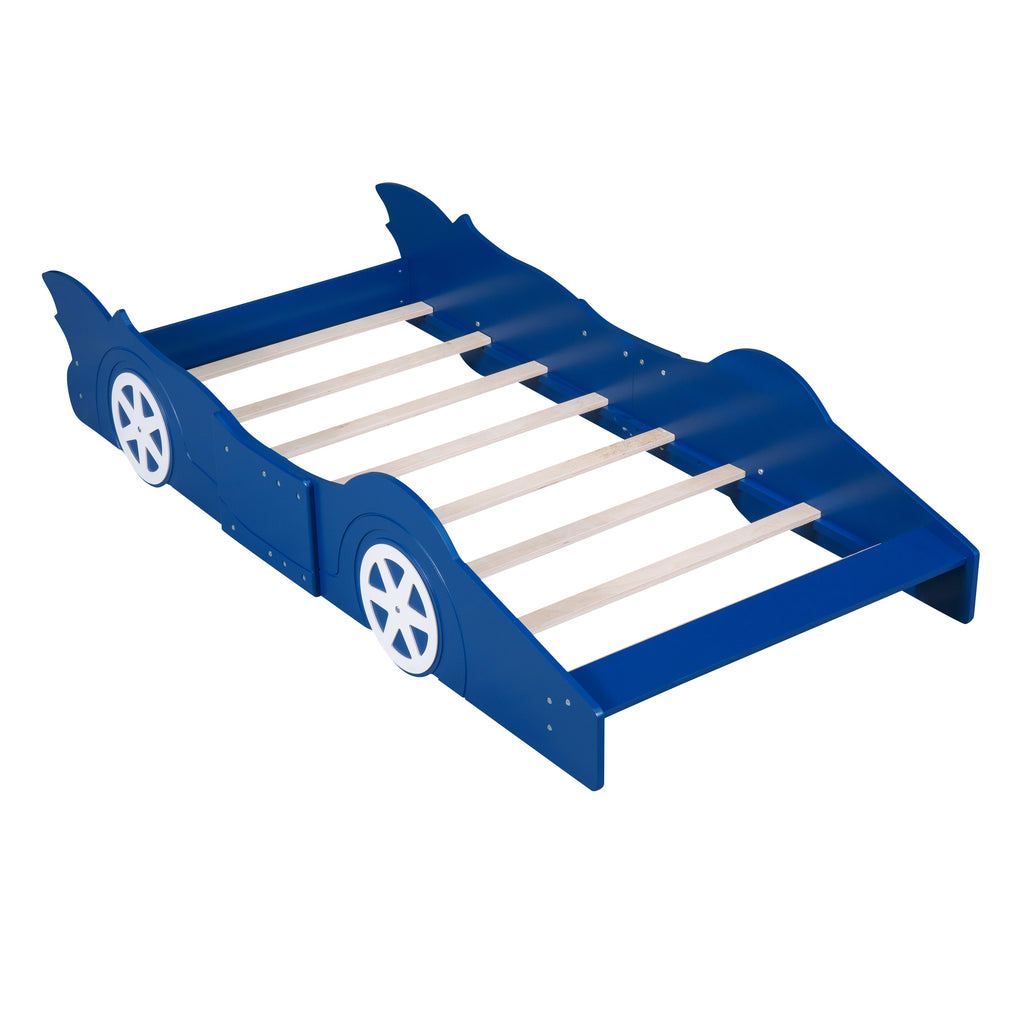 Leoglint Twin Size Race Car-Shaped Platform Bed Frame with Wheels,Blue