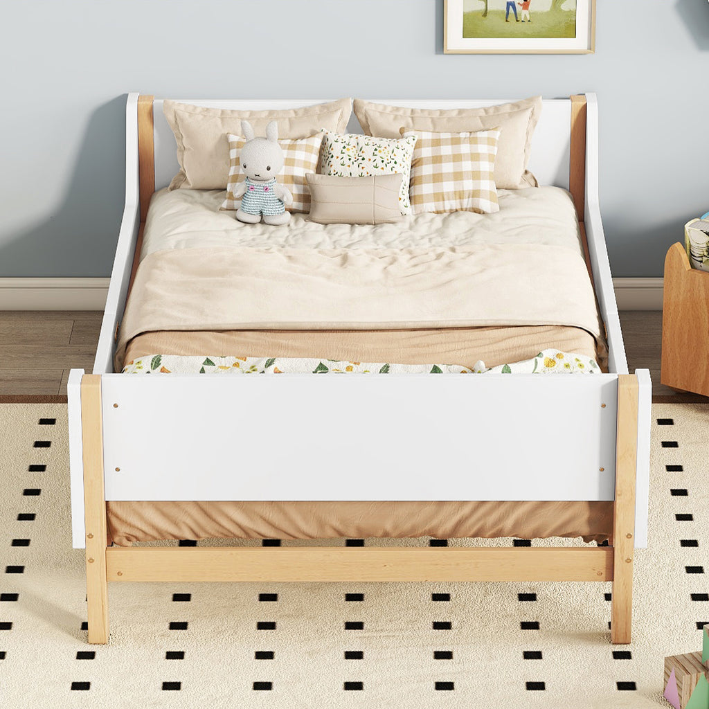 Twin Bed Frame with Headboard, Footboard, Safeguards,  Built-in Bed-end Book Storage Rack ,White