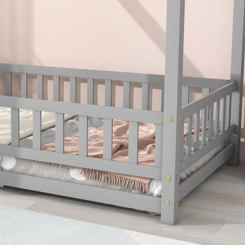 Leoglint Twin Size Floor Wooden Bed Frame with House Roof Frame, Fence Guardrails,Grey(Old SKU:W1791106614)