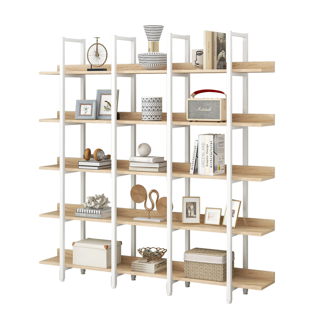 Leoglint 5 Tier Bookcase Home Office Open Bookshelf, Vintage Industrial Style Shelf, MDF Board, White Metal Frame, Oak