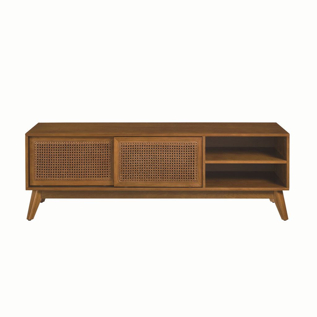 Leoglint 59 Inch Mid Century Modern Rattan TV Stand for 65 Inch TV, Entertainment Cabinet, Media Console for Living Room Bedroom Media Room, Solid Wood Feet & Rattan Cabinet Doors - Light Wood