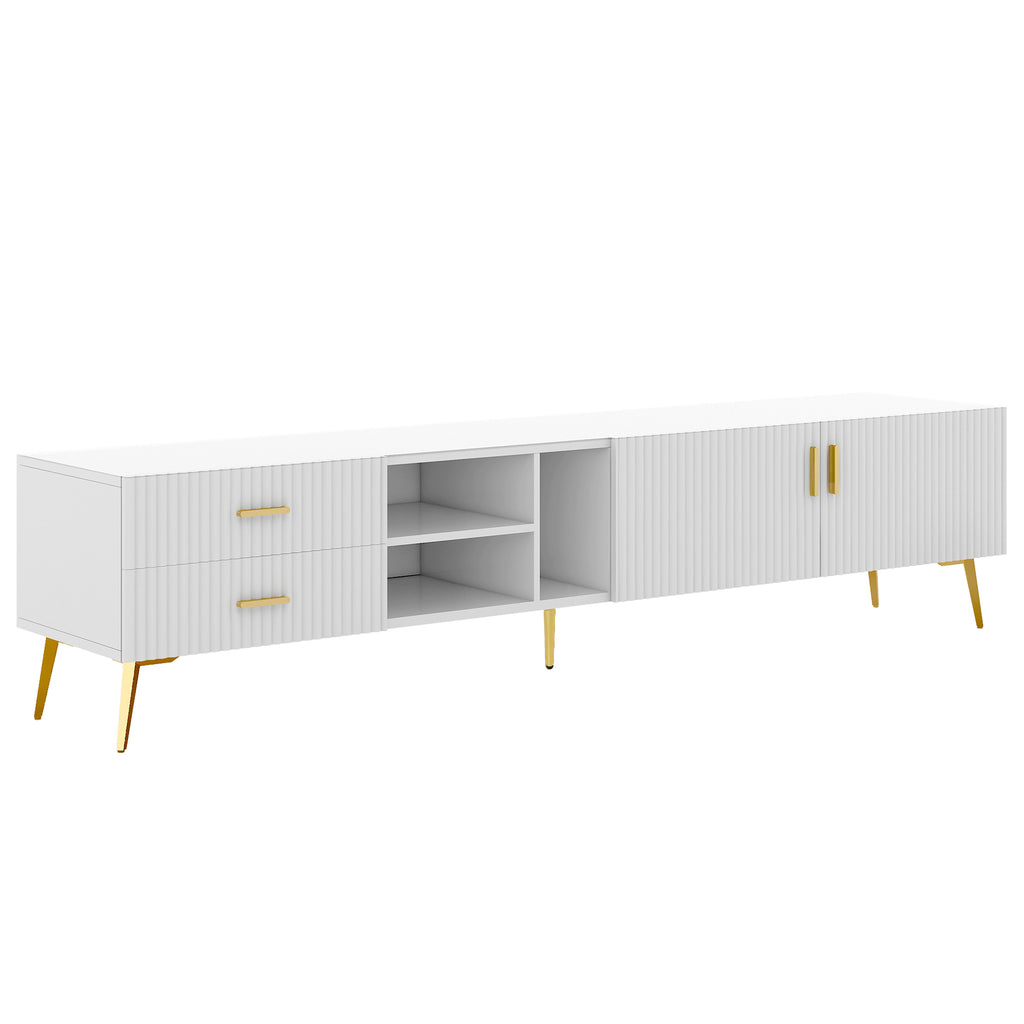 Leoglint U-Can Modern TV Stand with 5 Champagne legs - Durable, stylish, spacious, versatile storage TVS up to 77" (White)