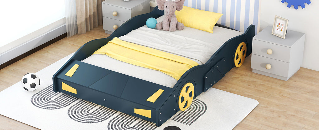 Leoglint Bed Frame Full Size Race Car-Shaped Platform Bed with Wheels and Storage, Dark Blue+Yellow