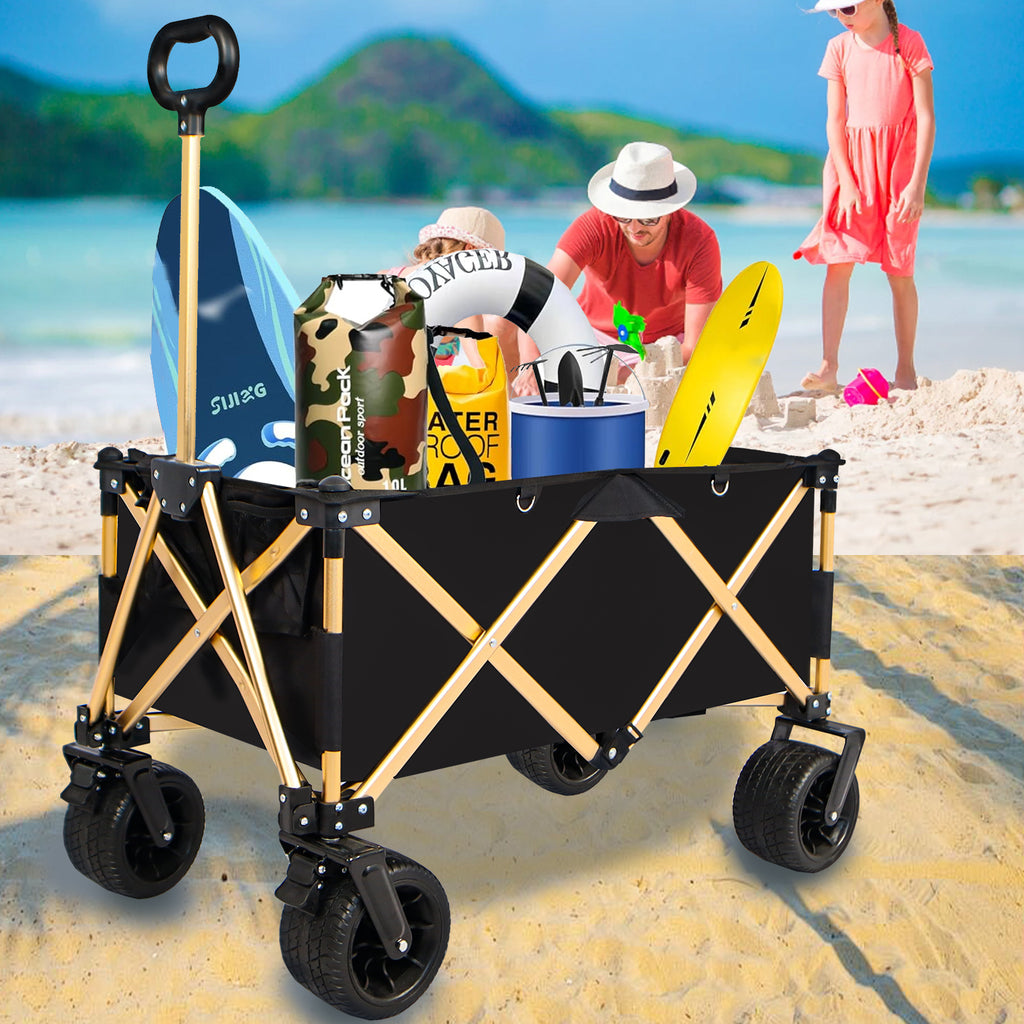 Leoglint Garden cart aluminum alloy folding wagon, Heavy Duty Utility Beach Wagon Cart for Sand with Big Wheels, Adjustable Handle&Drink Holders for Shopping, Camping,Garden and Outdoor