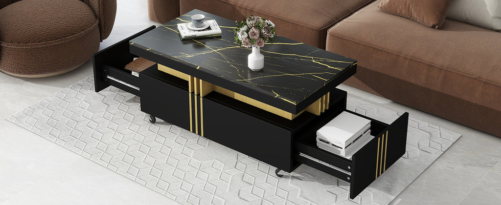 Leoglint [VIDEO provided] ON-TREND Contemporary Coffee Table with Faux Marble Top, Rectangle Cocktail Table with Caster Wheels, Moderate Luxury Center Table with Gold Metal Bars for Living Room, Black