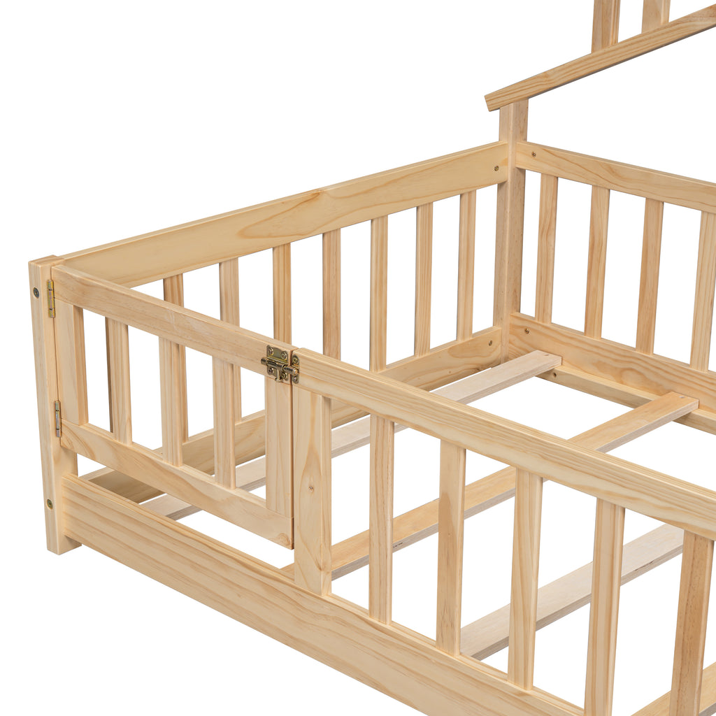 Twin House-Shaped Bedside Floor Bed Frame with Guardrails, Slats, with Door,Natural