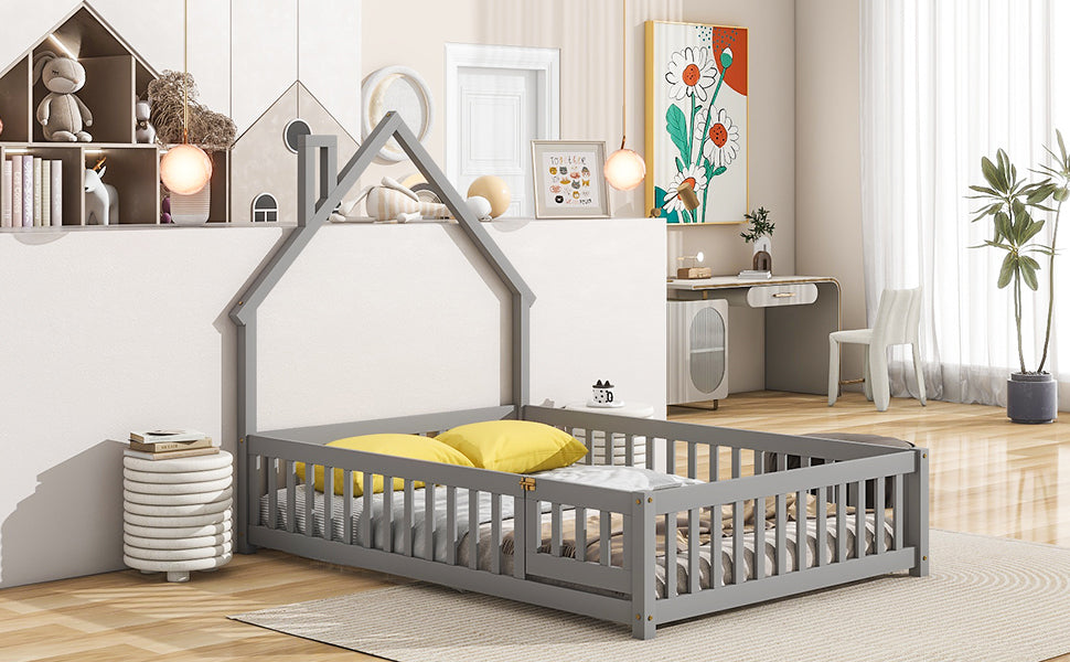 Leoglint Bed Frame Full House-Shaped Headboard Floor Bed with Fence ,Grey