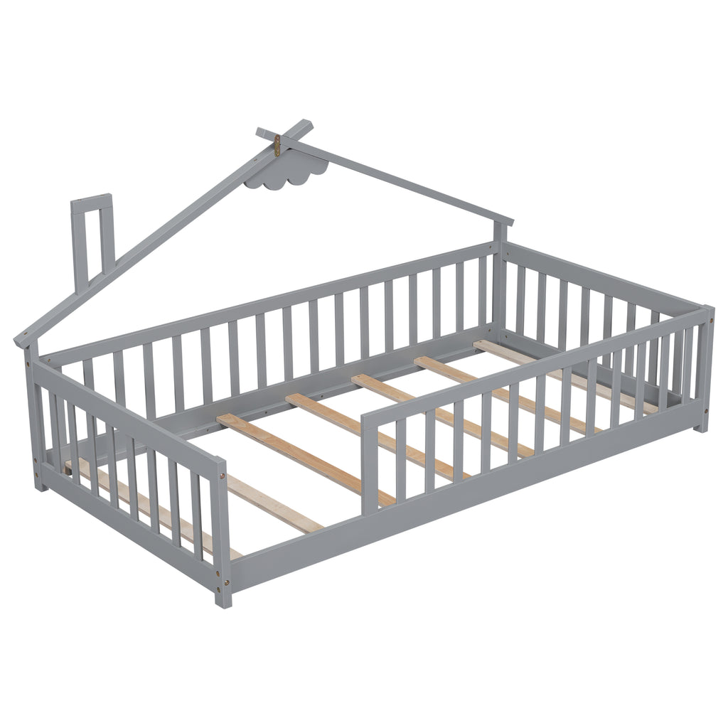 Leoglint Twin House-Shaped Bedside Floor Bed Frame with Guardrails, Slats, without Door ,Grey