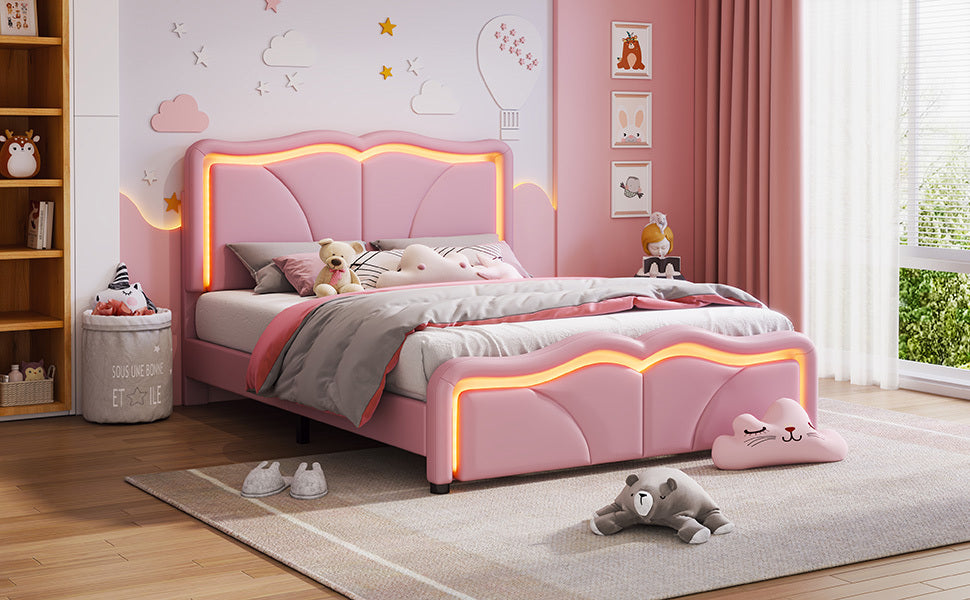 Leoglint Full Size Upholstered Platform Bed Frame with Curve Shaped and Height-adjustbale Headboard,LED Light Strips,Pink