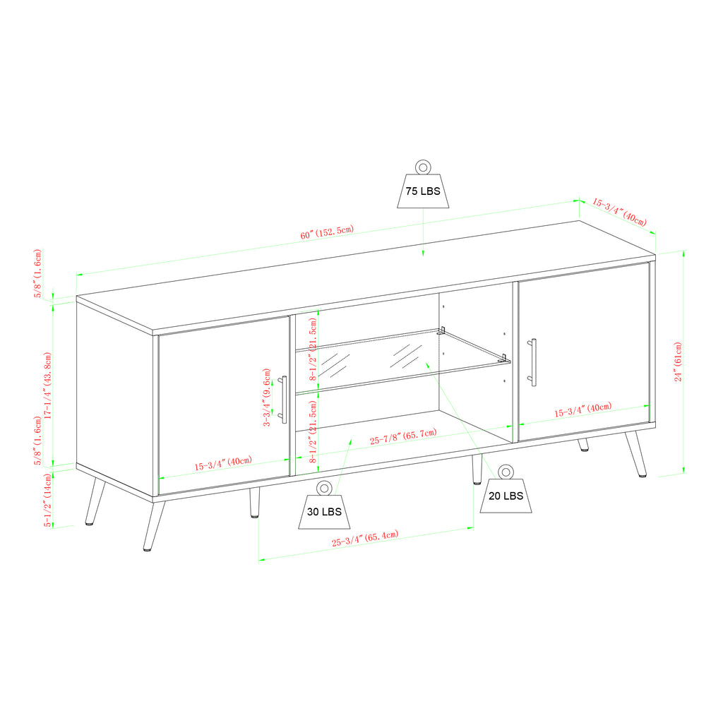 Leoglint Mid-Century Modern 2-Door 60" TV Stand for 65" TVs with Glass Shelf - Dark Walnut