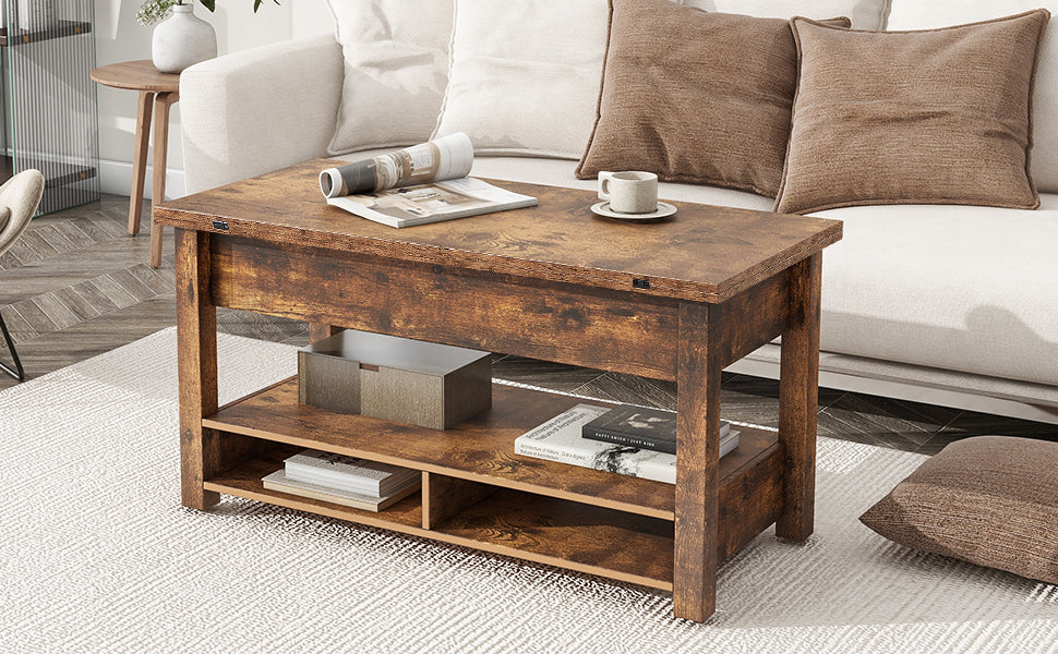 Leoglint [VIDEO provided] ON-TREND Lift Top Coffee Table, Multi-Functional Coffee Table with Open Shelves, Modern Lift Tabletop Dining Table for Living Room, Home Office, Rustic Brown