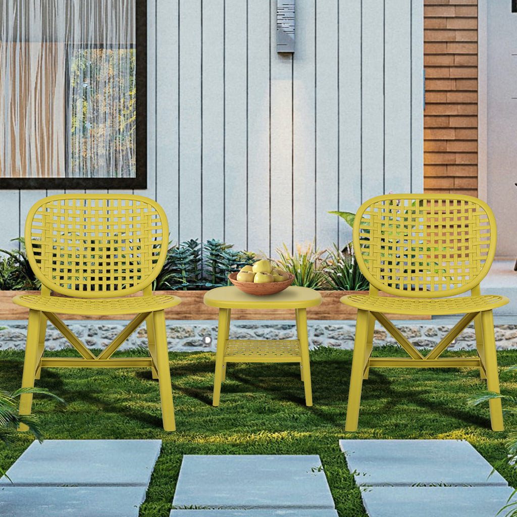 Leoglint 3 Pieces Hollow Design Patio Table Outdoor Chair Set All Weather Conversation Bistro Set Outdoor Coffee Table with Open Shelf and Lounge Chairs with Widened Seat for Balcony Garden Yard Yellow