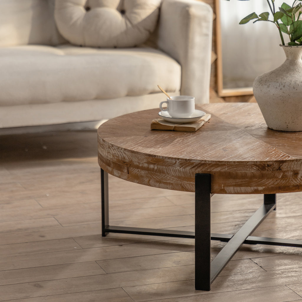 Leoglint 31.29"Modern Retro Splicing Round Coffee Table ,  Fir Wood Table Top with Cross Legs Metal Base(Same SKU:W757123560)