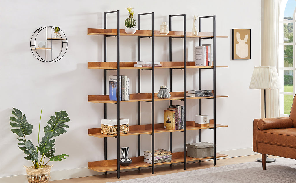 Leoglint 5 Tier Bookcase Home Office Open Bookshelf, Vintage Industrial Style Shelf, MDF Board, Black Metal Frame, Brown