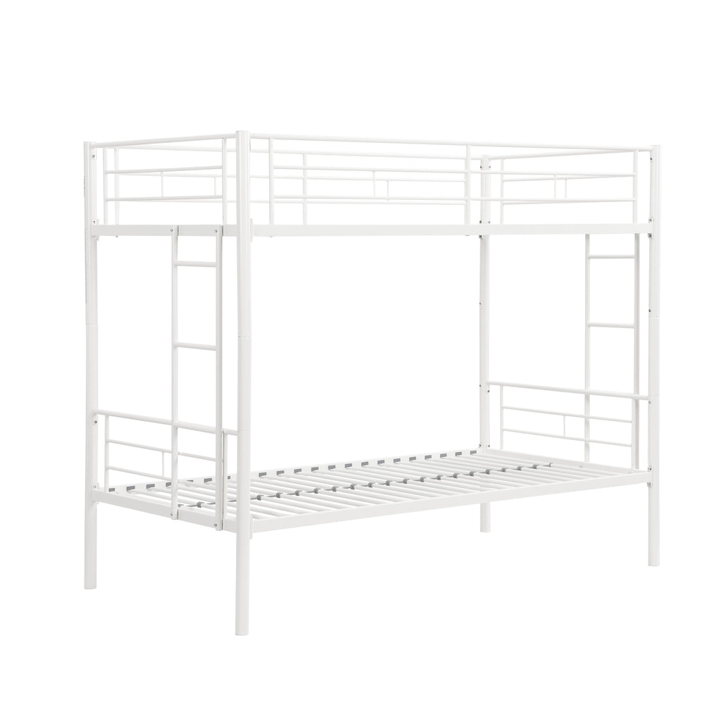 Leoglint Twin Over Twin Metal Bunk Bed Frame,Metal Structure Bedframe with Safety Guardrails and 2 ladders,Convertible Bunkbeds,No Spring Box Required and Space Saving Design,White